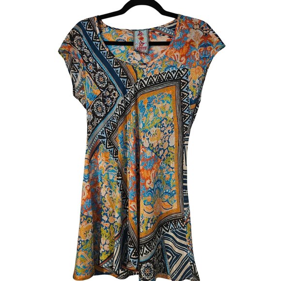 Johnny Was Women Silk Boho Tunic XS Multicolor Floral Geometric Coastal Indie - Picture 2 of 9
